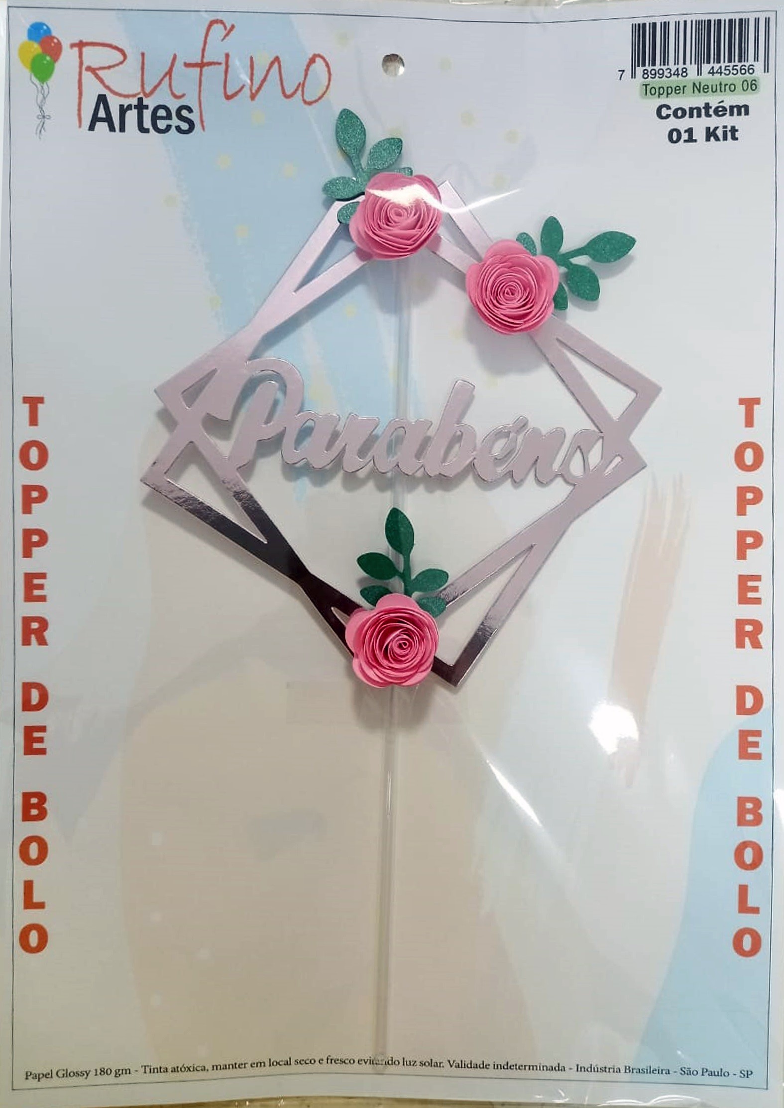 Topo de Bolo Quadrado Rosa Com Rosa Cor Rosa / Artes Rufino ®
