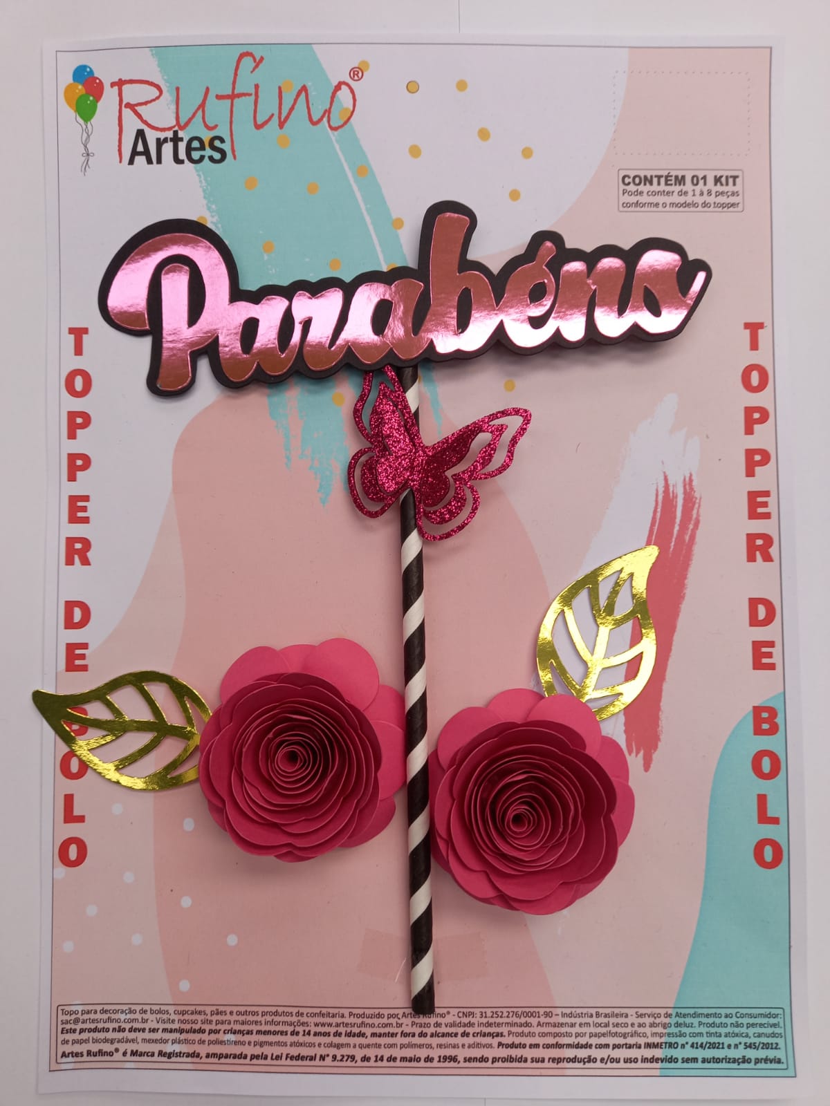 Topo de Bolo Borboleta Pink / Artes Rufino ®