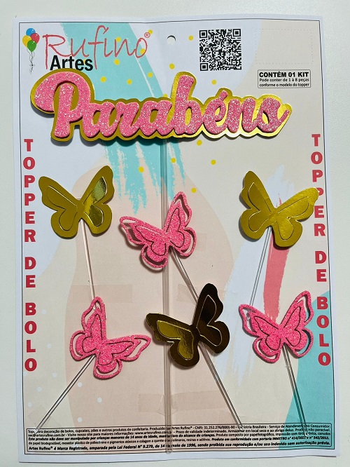 Topo de Bolo Borboleta Pink / Artes Rufino ®